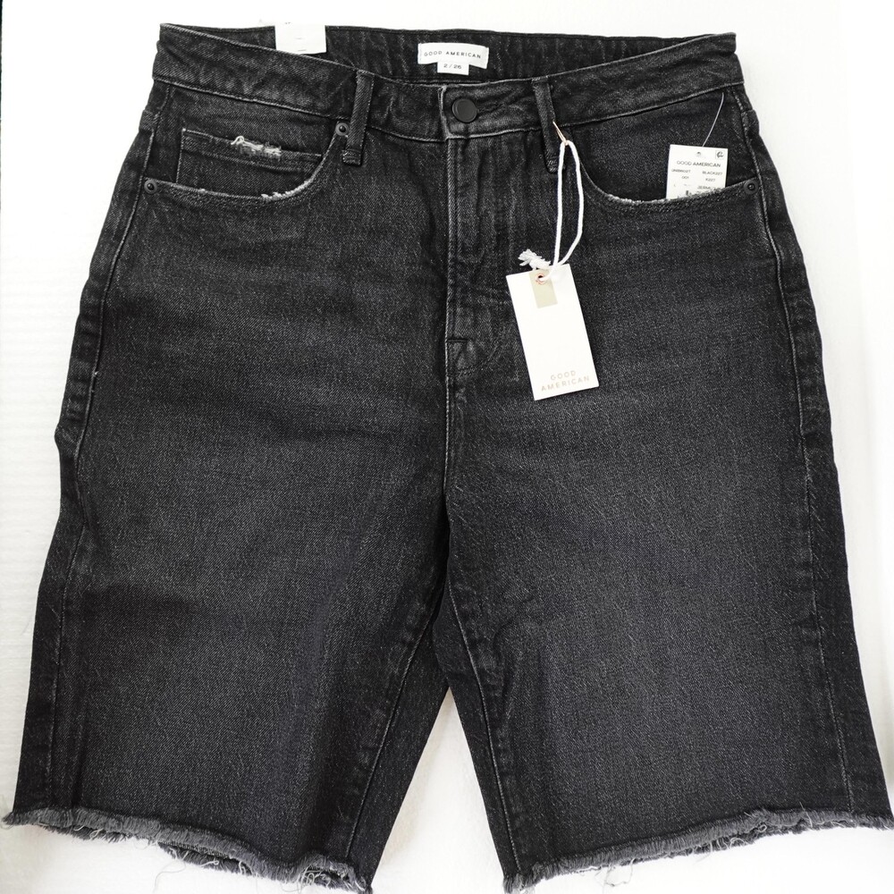 Good American Shorts Womens 2 26 90s Bermuda High Waist Distressed Denim NEW
